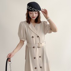 더시럽 여성용 더블 트렌치 디자인 퍼프 슬리브 원피스