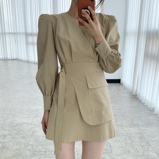 TANIZ 腰部綁帶泡泡長袖迷你連衣裙, 米色