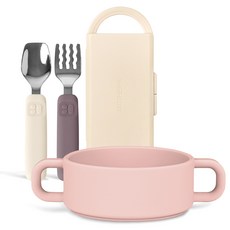 마더케이 실리콘 스푼 + 포크 + 케이스 + 실리콘 양손 이유볼 세트, 아이보리(스푼), 퍼플(포크), 베이비핑크(이유볼), 1세트