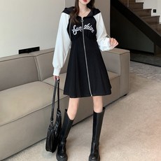 印字拉鍊插肩袖連帽連身喇叭裙, 黑色