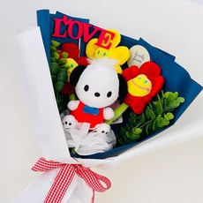 LOVELY FARM 三麗鷗娃娃 + 微笑花朵娃娃 3入 + 蛋糕插牌 + 人造花束組合, 帕恰狗 + 隨機出貨