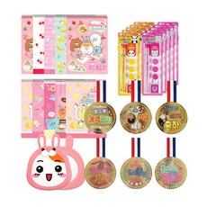 ibis 女童用印章橡皮擦鉛筆 隨機出貨 10組 + 綜合筆記本 橫線 隨機出貨 5入 + 無線 隨機出貨 5入 + 矽膠手拿鏡 兔子Ebichu + 獎牌祝賀卡 6種, 混合顏色, 1套