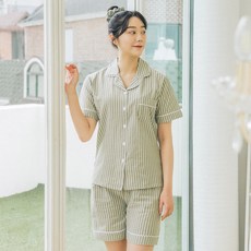 씨엘스토리 여성용 스트라이프 카라 잠옷 상하의 세트