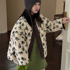 ABF 兒童花朵圖案飾邊線條鈕扣羊羔毛夾克