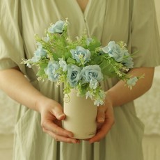 센트바스켓 조화 디에나 로즈 부쉬 + 샌드화병 세트, 스카이(조화), 1세트