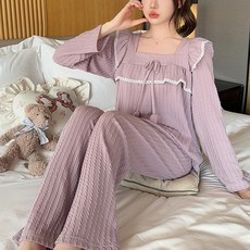 안나앤코 여성용 스퀘어넥 리본 러플 긴팔 파자마 상하의 세트