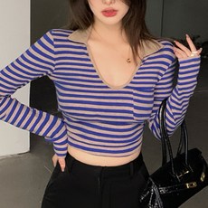 마켓에이 여성용 스트라이프 라운드 크롭 긴팔티셔츠