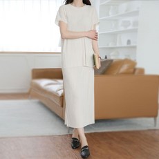 마이시즌 여성용 냉감 통기성 시원 쿨링 라운드 잔줄 트임 반팔 투피스 세트