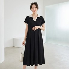 알럽홈 여성용 깔끔 브이넥 칼라 플리츠 롱 임산부 원피스 L263-0299