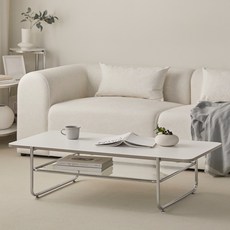 FURNICO 開放式方形雙層強化玻璃客廳沙發茶几, 米白色