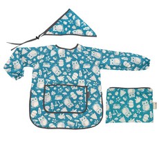 bebe chouette 孩童印花長袖美術圍裙+頭巾+伸縮扣+收納袋, 貓頭鷹