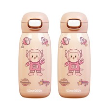 太空人彈蓋式保溫瓶 +貓咪貼紙 9款, 粉色, 350ml, 2組