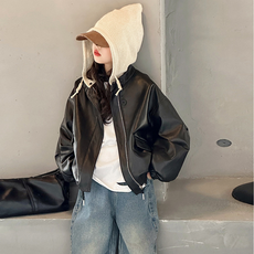 Misopapa 女童蠟感連帽皮革夾克