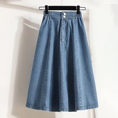 페이릿 여성용 데일리 투 버튼 뒷밴딩 플리츠 데님 스커트