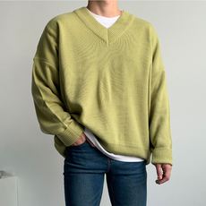 로댄티 남성용 오버핏 헤비 V넥 양면 니트 레이어드 스웨터