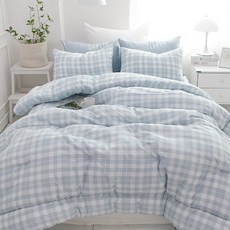 Beaumonde 韓國製造 柔軟水洗牛奶格紋薄被, 蘇打藍色