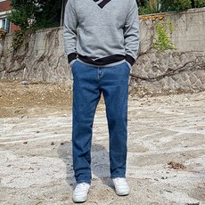 Fivelarge 大尺碼內鬆緊腰帶錐形彈力牛仔褲