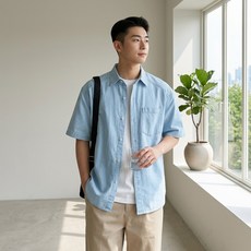 Dotif 男士素色口袋翻領短袖襯衫 D263-0857BU