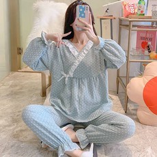 Damon孕婦V領蝴蝶結蕾絲圓點睡衣上下套裝 ana312