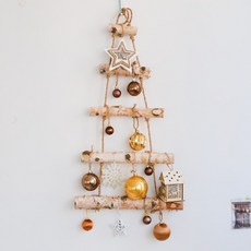 白樺木壁掛聖誕樹 + 燈串套組, 現代風, 高度 58cm x 寬度 35cm