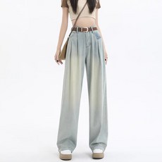 구디프 여성용 워싱 핀턱 와이드 데님 팬츠