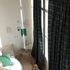 暖色格紋穿桿式窗簾, 綠色