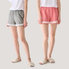 테라우드 여성용 리썸 체크 레이스 3부 파자마 바지 2종 세트