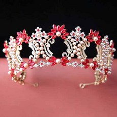 Damon花朵珍珠點綴婚禮皇冠 MNB012, 紅色, 1個