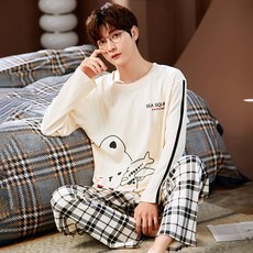 자나바 남성용 리본베어링 체크 라운드넥 긴팔 홈웨어 상하의 세트 264166
