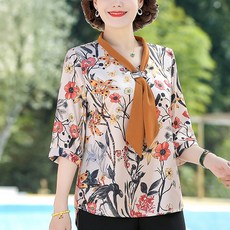 마켓에이 여성용 캐주얼 플라워 스카프 반팔 블라우스