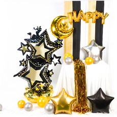 PARTYSHOW 空氣氣球 鋁箔氣球 流蘇彩帶 星星串 黑金色 + 珠寶派對 2款 x 5件組, 混合色, 1套