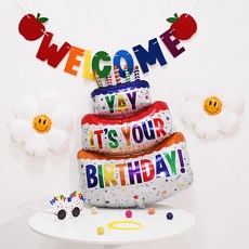 PARTYSHOW 生日派對三層蛋糕氣球雛菊歡迎掛旗組, 1套, 混合顏色
