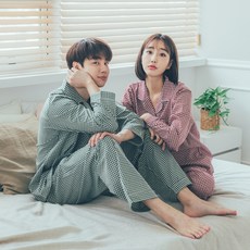디에스도씨 커플용 통기성 순면 긴팔 카라 잠옷 상하의 2종 세트