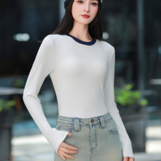 拼色修身桑蠶絲長袖圓領上衣