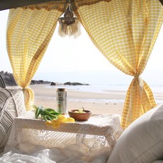 Forhome 手工 Sunday 格紋車宿窗簾 2p + 繩子 + 收納袋組合, 檸檬塔, 1套