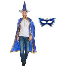 Elsso 萬聖節魔法師披風+尖角帽+半臉面具組