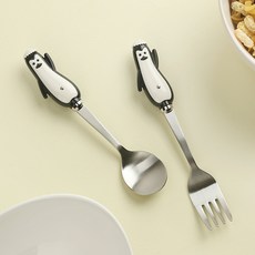 Bogen 韓國製 嬰幼兒用 Cocona 企鵝湯匙叉子組, 湯匙 + 叉子, 黑色