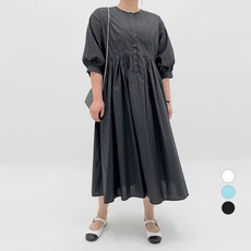 102102 女款大尺碼泡泡袖排扣傘狀長版短袖洋裝, 黑色