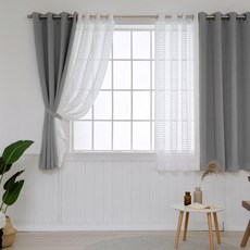 CARREDECO Dimanche 遮光窗簾 2p + Coco格紋蕾絲窗簾 2p + 窗簾綁帶 4p 套組, 鴿灰色
