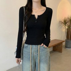 언헤브 여성용 슬림핏 버튼 골지 U넥 티셔츠