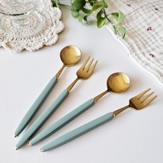 Bogen 可愛茶匙 2p + 茶叉 2p 套組 金色 + 深綠色, 1套, 茶匙 2p + 茶叉 2p