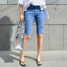 PIPPIN 女款素色復古5分牛仔褲