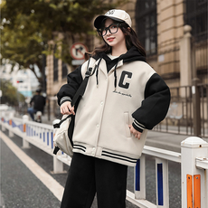 Orenjidamom 女童款 C 下擺字母印花拼色袖連帽外套