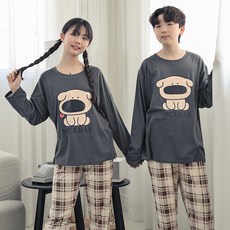 CocoDream 青少年男女通用學生Tin Tin咖啡狗狗長袖睡衣上下身套組