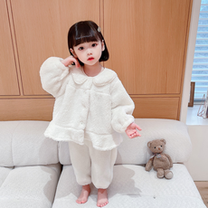 Orenjidamom 女童圓領鈕扣柔軟刷毛保暖睡衣上下套裝