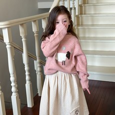 Starbean 女童花朵刺繡動物圓領針織衫