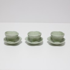 달소금 국산 예쁜 도자기 다기 유광 꽃잎 찻잔세트, 라이트그린, 3세트