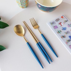 Bogen 高級餐具3件組, 金色 海軍藍(湯匙+筷子+叉子)+餐具袋(隨機出貨), 湯匙+筷子+叉子+餐具袋