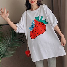 孕婦款草莓圖案泡泡袖T恤式連身裙