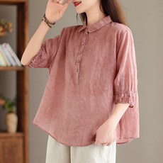 엘쏘 여성용 컬러라인 카라넥 7부 소매 여름 블라우스